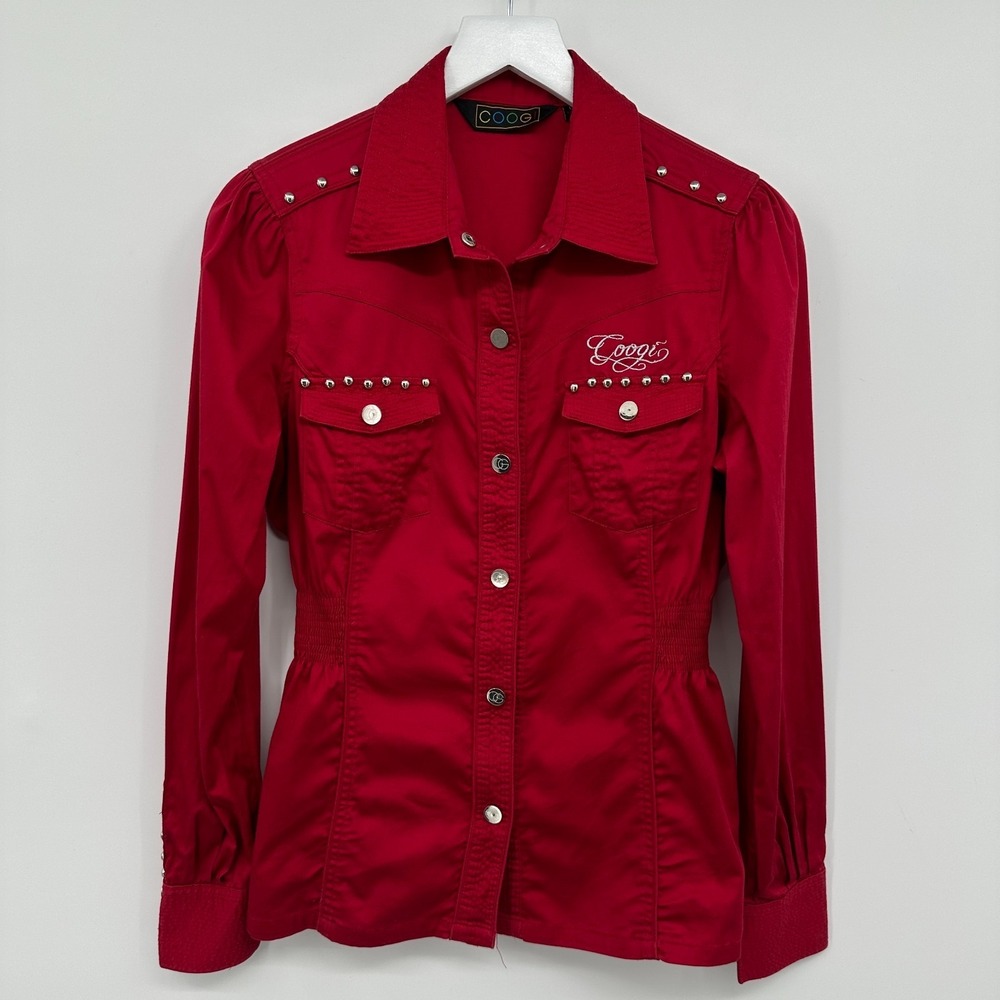 Coogie Womens Top Shirt Size Large Red Silver Studs Stretch Fitted Long Sleeve
